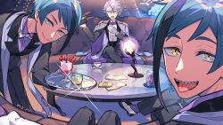 Rule 34 | 3boys, aqua hair, aquarium, azul ashengrotto, bent over, black hair, black suit, bow, bowtie, closed eyes, collared shirt, commentary request, couch, crossed legs, cup, drink, feet out of frame, fisheye, floyd leech, formal, glasses, gloves, hand up, heterochromia, indoors, jade leech, lamp, long sleeves, looking at viewer, multicolored hair, multiple boys, open mouth, parfait, purple bow, purple bowtie, purple hair, purple shirt, puteru, saucer, scarf, sharp teeth, shirt, smile, streaked hair, suit, table, teacup, teeth, tongue, tongue out, tray, twisted wonderland, twitter username, white bow, white bowtie, white footwear, white gloves, white scarf, white shirt, yellow eyes