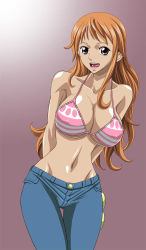 Rule 34 | 1girl, :d, alternate hairstyle, arms behind back, bikini, bikini top only, breasts, cleavage, covered erect nipples, denim, female focus, gradient background, highres, huge breasts, jeans, jpeg artifacts, large breasts, leaning, long hair, lowleg, nami (one piece), narrow waist, navel, nel-zel formula, one piece, open mouth, orange hair, pants, pink eyes, shiny skin, simple background, smile, solo, standing, swimsuit, thigh gap, underboob, wide hips