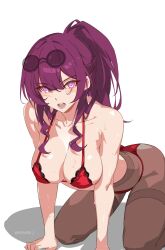 Rule 34 | 1girl, bare shoulders, bra, commentary, english commentary, highres, honkai: star rail, honkai (series), kafka (honkai: star rail), kili kilio, long hair, looking at viewer, open mouth, panties, pantyhose, purple eyes, purple hair, red bra, red panties, simple background, solo, thighs, underwear, white background
