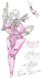 1girl arcee arrow_(symbol) autobot blue_eyes blush corrupted_twitter_file ducati energy_sword gun hand_on_own_hip highres holding holding_gun holding_sword holding_weapon looking_at_viewer mecha mecha_focus motor_vehicle motorcycle multiple_views redesign robot smile sword tenkiame_(qwm04lnaymk2a7e) transformers transformers:_rise_of_the_beasts transformers_(live_action) weapon white_background