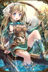 Rule 34 | 1girl, arrow (projectile), artist request, belt, blonde hair, blue eyes, boots, bow (weapon), braid, branch, breasts, bustier, capelet, detached sleeves, eyebrows, flower, gauntlets, gem, grand sphere, hair flower, hair ornament, hairband, heart, highres, jpeg artifacts, leaf, long hair, medium breasts, midriff, miniskirt, navel, pointy ears, quiver, shorts, shorts under skirt, sitting, skirt, solo, thighs, tree, twin braids, veil, weapon