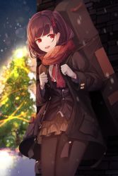Rule 34 | 1girl, :d, anizi, black hair, black jacket, black pantyhose, black shirt, brown skirt, buttons, christmas, christmas tree, commentary request, cowboy shot, dress shirt, enpera, girls&#039; frontline, gloves, guitar case, hair ornament, highres, instrument case, jacket, long hair, long sleeves, looking at viewer, miniskirt, necktie, night, night sky, official alternate costume, one side up, open clothes, open jacket, open mouth, outdoors, pantyhose, red eyes, red necktie, red scarf, scarf, shirt, skirt, sky, smile, solo, standing, tears, teeth, upper teeth only, wa2000 (date in the snow) (girls&#039; frontline), wa2000 (girls&#039; frontline), white gloves, winter, winter clothes