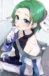 Rule 34 | 1girl, bare shoulders, blue eyes, dress, gloves, gnosia, green hair, highres, lipstick, looking at viewer, makeup, mole, mole under eye, multicolored clothes, multicolored gloves, pink lips, short hair, sleeveless, sleeveless dress, solo, stella (gnosia), yamada momoyama