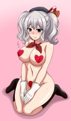 Rule 34 | 10s, 1girl, bad id, bad pixiv id, beret, blush, breasts, covered erect nipples, gloves, grey eyes, hair ornament, hat, heart pasties, kantai collection, kashima (kancolle), kuro hopper, large breasts, looking at viewer, pasties, seiza, short hair, silver hair, sitting, smile, solo, sweat, sweatdrop, v arms, wavy hair, white gloves