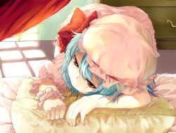 Rule 34 | 1girl, bed, bent over, blue hair, brown eyes, female focus, hair tubes, hat, jitome, lying, on bed, on stomach, pillow, red eyes, remilia scarlet, sleepy, solo, sunlight, touhou, wrist cuffs, yana mori