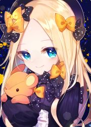 Rule 34 | 1girl, abigail williams (fate), aya (aya op10s), black bow, black dress, black hat, blonde hair, blue eyes, blush, bow, closed mouth, commentary request, dress, fate/grand order, fate (series), forehead, hair bow, hat, hugging object, long hair, long sleeves, looking at viewer, orange bow, parted bangs, polka dot, polka dot bow, sleeves past fingers, sleeves past wrists, smile, solo, stuffed animal, stuffed toy, teddy bear, upper body, very long hair