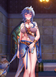 Rule 34 | 1girl, absurdres, arabian clothes, armlet, armpits, arms up, bikini, blue hair, blush, bracer, breasts, cleavage, covered erect nipples, eula (genshin impact), genshin impact, hairband, hand on own crotch, highres, indoors, jewelry, large breasts, looking at viewer, mangshe jiao, nail polish, navel, necklace, parted lips, purple eyes, red nails, see-through, short hair, smile, solo, strapless, strapless bikini, swimsuit, thighs, white bikini, yellow hairband