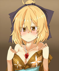 Rule 34 | 1girl, bad id, bad pixiv id, blonde hair, blush, breasts, brown eyes, candy apple, cleavage, collarbone, female focus, food, hair ribbon, hati105, japanese clothes, kurodani yamame, large breasts, ponytail, ribbon, solo, sweatdrop, touhou, undressing, wavy mouth