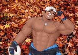 Rule 34 | 1boy, abs, akiha gongen (housamo), alt text, autumn leaves, bandaid, bandaid on face, bandaid on nose, bara, brown eyes, clothes around waist, dark-skinned male, dark skin, dog tags, facial hair, goatee, grin, horns, jacket, jacket around waist, large pectorals, looking at viewer, lying, male focus, multicolored hair, muscular, muscular male, navel, nipples, on back, pectorals, rongjie, scar, scar across eye, scar on face, short hair, single horn, smile, solo, stomach, thick eyebrows, tokyo houkago summoners, topless male, two-tone hair, white hair
