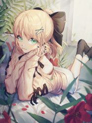 Rule 34 | artoria pendragon (all), artoria pendragon (fate), bed sheet, black bow, black nails, black ribbon, black socks, blonde hair, blurry, blurry foreground, bow, collarbone, fate/unlimited codes, fate (series), flower, green eyes, hair bow, hair ornament, highres, indoors, interlocked fingers, legs up, looking at viewer, lying, miniskirt, nail polish, off-shoulder shirt, off shoulder, on stomach, pencil skirt, petals, ponytail, red flower, ribbed sweater, ribbon, saber lily, shirt, short hair, skirt, socks, solo, sweater, the pose, white skirt, white sweater, window, ye jji