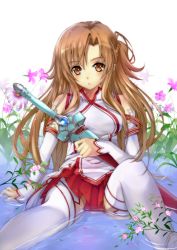 Rule 34 | 10s, 1girl, :o, amayofuu, asuna (sao), bare shoulders, blush, brown eyes, brown hair, detached sleeves, holding, long hair, looking at viewer, skirt, solo, sword, sword art online, thighhighs, water, weapon, white thighhighs