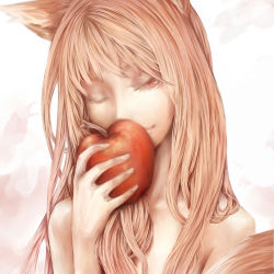 Rule 34 | 00s, 1girl, animal ears, apple, face, food, fruit, holding, holding food, holding fruit, holo, nabe (crow&#039;s head), nude, one eye closed, realistic, smile, solo, spice and wolf, wink, wolf ears