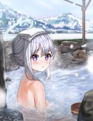 Rule 34 | 1girl, absurdres, bathing, blue archive, blush, breast hold, breasts, bucket, completely nude, green hair, hair bun, halo, highres, looking at viewer, medium breasts, miyako (blue archive), namoho82, nude, onsen, open mouth, partially submerged, purple eyes, rock, sidelocks, solo, towel, towel on head, water, wet