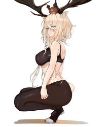 Rule 34 | 1girl, absurdres, animal, animal ears, animal on head, antlers, arknights, black pantyhose, black sports bra, blonde hair, blush, breasts, commission, deer antlers, deer ears, deer girl, deer tail, elsi, from side, grey eyes, hair between eyes, has bad revision, has downscaled revision, highres, horns, large breasts, looking at viewer, md5 mismatch, on head, pantyhose, parted lips, pixiv commission, resolution mismatch, shadow, simple background, solo, source smaller, sports bra, squatting, tail, viviana (arknights), white background