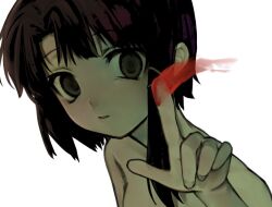 1girl brown_eyes brown_hair expressionless iwakura_lain looking_at_viewer nude pointing pointing_at_viewer serial_experiments_lain simple_background solo uee_m white_background