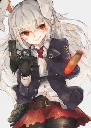 Rule 34 | 1girl, animal ears, bad id, bad pixiv id, belt, black gloves, black jacket, black pantyhose, blush, buttons, casing ejection, closed mouth, collared shirt, cowboy shot, crescent, crescent earrings, earrings, gloves, glowing, glowing eye, grey background, gun, hair between eyes, handgun, holding, holding gun, holding weapon, jacket, jewelry, long hair, long sleeves, miniskirt, necktie, pantyhose, pistol, pleated skirt, rabbit ears, red eyes, red necktie, red skirt, reisen udongein inaba, shell casing, shirt, simple background, skirt, solo, touhou, weapon, white hair, white shirt, zairen