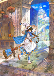 Rule 34 | 1girl, :d, absurdres, blue eyes, blue sky, braid, broom, brown hair, buchi (qooo003), building, cloud, commentary request, day, dress, floating hair, gloves, goggles, goggles on headwear, hair between eyes, hat, highres, holding, holding broom, long hair, long sleeves, looking at viewer, looking to the side, open mouth, orange gloves, original, outdoors, puffy long sleeves, puffy sleeves, shoe soles, shoes, single braid, sky, smile, solo, tower, very long hair, walking, white dress, white footwear, white hat, witch hat