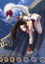 Rule 34 | 1girl, all fours, ass, back, breasts, brown eyes, brown hair, cleavage, full moon, hair ribbon, highres, large breasts, long hair, looking at viewer, moon, night, ninja, pagoda, ponytail, ribbon, rooftop, shiranui mai, solo, tabi, the king of fighters, thong, tile roof, unknown tico, wristband