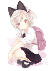 Rule 34 | + +, 1girl, 2016, animal ears, backpack, bag, black skirt, blush, capriccio, cat ears, cat tail, dated, hair bobbles, hair ornament, hibanar, kaburi chiko, looking at viewer, mary janes, open mouth, original, red eyes, school uniform, shirt, shoes, short hair, side ponytail, silver hair, simple background, skirt, solo, squatting, symbol-shaped pupils, tail, white background, white shirt
