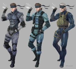 Rule 34 | 1boy, age progression, armor, bandana, beard, brown hair, cigarette, facial hair, full body, grey background, grey hair, highres, holding, holding cigarette, ikuyoan, male focus, metal eyepatch, metal gear (series), metal gear solid, metal gear solid 2: sons of liberty, metal gear solid 4: guns of the patriots, multiple views, mustache, old, old man, old snake, simple background, smoke, sneaking suit, solid snake