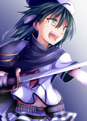 Rule 34 | 10s, 1girl, ammunition belt, bandolier, black hair, cape, gradient background, grey eyes, hat, hisae (hisae collect), kantai collection, kiso (kancolle), open mouth, shirt, skirt, solo, sword, weapon