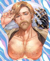 Rule 34 | 1boy, bara, bare pectorals, beard, blonde hair, blue eyes, breast mousepad, chest hair, facial hair, hand in own hair, highres, large pectorals, lying, male focus, mature male, mole, mole under eye, mousepad, mousepad (medium), nipples, obi-wan kenobi, on back, open clothes, open shirt, pectorals, pensan, prosthesis, prosthetic arm, short hair, solo, star wars, star wars: revenge of the sith, thick eyebrows