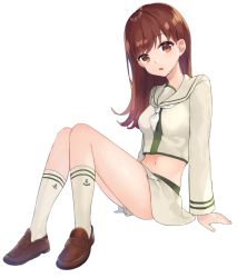Rule 34 | 1girl, anchor, anchor symbol, bad id, bad twitter id, blush, breasts, brown eyes, brown footwear, brown hair, full body, kantai collection, long hair, long sleeves, medium breasts, midriff, mitamgr, navel, ooi (kancolle), open mouth, sailor collar, school uniform, serafuku, simple background, sitting, skirt, socks, solo, white background, white neckwear