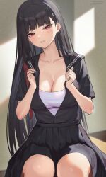 Rule 34 | 1girl, absurdres, alternate costume, black hair, black serafuku, black shirt, black skirt, blue archive, blunt bangs, blurry, blurry background, blush, breasts, cleavage, collarbone, commentary, hair ornament, hairclip, highres, hime cut, large breasts, light particles, long hair, looking at viewer, parted lips, pleated skirt, red eyes, rio (blue archive), rosumerii, sailor collar, school uniform, serafuku, shirt, sitting, skirt, smile, solo, very long hair, white shirt