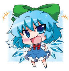Rule 34 | 1girl, bad id, bad pixiv id, blue dress, blue eyes, blue hair, blush, bow, chibi, cirno, dress, fang, female focus, full body, gradient background, hair bow, hands on own hips, matching hair/eyes, noai nioshi, open mouth, short hair, smile, solo, standing, touhou, white background
