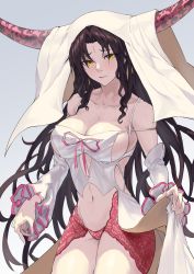 Rule 34 | 1girl, absurdres, artist request, bare shoulders, black hair, blush, breasts, cleavage, collarbone, dress, facial mark, fate/extra, fate/extra ccc, fate (series), forehead mark, highres, horns, large breasts, long hair, long sleeves, looking at viewer, navel, panties, parted bangs, parted lips, pink panties, revealing clothes, sessyoin kiara, smile, tattoo, thighs, underwear, veil, wavy hair, white dress, yellow eyes