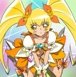 Rule 34 | 10s, 1girl, blonde hair, bow, brooch, cure sunshine, from above, haruyama kazunori, heart, heart brooch, heartcatch precure!, looking at viewer, magical girl, midriff, myoudouin itsuki, navel, orange bow, precure, sitting, skirt, solo, twintails, wariza, yellow bow, yellow eyes