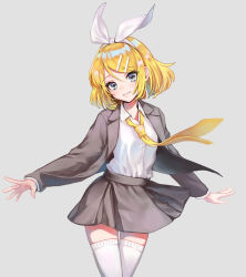Rule 34 | 1girl, asahi yuuji, blonde hair, blush, bow, commentary, cowboy shot, dress shirt, grey skirt, hair bow, hair ornament, hairclip, head tilt, highres, jacket, kagamine rin, light blush, looking at viewer, necktie, outstretched arms, shirt, short hair, simple background, skindentation, skirt, smile, solo, spread arms, suit jacket, thighhighs, vocaloid, white bow, white thighhighs, yellow necktie, zettai ryouiki