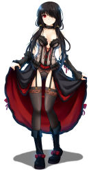 Rule 34 | 10s, 1girl, bare shoulders, black hair, black panties, blush, boots, breasts, choker, cleavage, clothes lift, collarbone, corset, date a live, detached sleeves, dress, female focus, full body, garter belt, garter straps, gayprince, hair over one eye, highres, lace, lace-trimmed legwear, lace trim, lifting own clothes, lingerie, lolita fashion, long hair, looking at viewer, panties, red eyes, ribbon, see-through, simple background, skirt, skirt lift, smile, solo, standing, thighhighs, tokisaki kurumi, twintails, underwear, upskirt, white background, yellow eyes