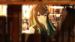 Rule 34 | 1girl, bare shoulders, book, bookshelf, brown hair, character request, check character, chinese clothes, colored inner hair, green hair, hair ornament, highres, jewelry, long hair, multicolored hair, punishing: gray raven, qu (punishing: gray raven), sidelocks, solo, yellow eyes, zhou huan (dgpe2833)