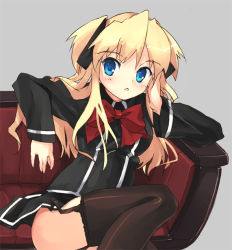 Rule 34 | 1girl, black dress, black thighhighs, blonde hair, blue eyes, bow, bowtie, couch, dress, grey background, kitano yuusuke, long hair, long sleeves, looking at viewer, parted lips, quiz magic academy, red bow, red bowtie, shalon, simple background, sitting, solo, thighhighs, thighs, zettai ryouiki