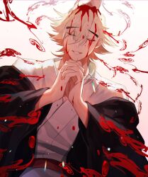 Rule 34 | 1boy, black coat, blonde hair, blood, blood on clothes, blood on face, blood on hands, coat, commentary request, douma (kimetsu no yaiba), dripping, dutch angle, eyelashes, facing viewer, flipped hair, forked eyebrows, giving, hair between eyes, hand on another&#039;s head, hands up, haori, highres, interlocked fingers, japanese clothes, kibutsuji muzan, kimetsu no yaiba, kimono, lins sana, long sleeves, male focus, medium hair, off shoulder, own hands together, praying, sash, simple background, smile, solo focus, transformation, white background, white kimono