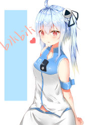 Rule 34 | 1girl, :3, absurdres, bili girl 33, bilibili, blue hair, blush, breasts, closed mouth, cmath, collarbone, copyright name, hair ornament, heart, highres, looking at viewer, medium breasts, medium hair, red eyes, short hair with long locks, side ponytail, sleeveless, smile, solo