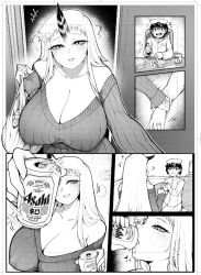 Rule 34 | 1boy, 1girl, abyssal ship, admiral (kancolle), alcohol, asahi breweries, bare shoulders, beer, blush, breasts, can, carrying bag, cleavage, collarbone, comic, covered erect nipples, cup, drawing, drinking, epaulettes, hanging breasts, happy, hat, heart, holding, holding another&#039;s wrist, holding can, horns, huge breasts, husband and wife, jewelry, kantai collection, laughing, long hair, long sleeves, looking at another, military, military uniform, monochrome, mug, naval uniform, peaked cap, ribbed sweater, ring, seaport princess, seiza, sidelocks, simple background, single horn, sitting, smile, sparkle, sweater, tipsy, uni (oni unicorn), uniform, very long hair, wedding ring, white background