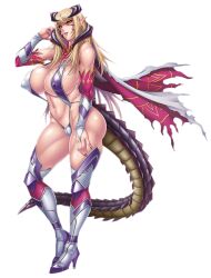Rule 34 | 1girl, asagiri (pixiv #10372), bare shoulders, bikini, black sclera, blonde hair, breasts, cleavage, colored sclera, covered erect nipples, demon girl, demon horns, elbow gloves, facial mark, full body, gloves, highres, horns, impossible clothes, karma zot xibalba, large breasts, long hair, looking at viewer, micro bikini, navel, pointy ears, sideboob, simple background, skin tight, slit pupils, solo, swimsuit, tail, taimanin (series), taimanin asagi kessen arena, thighhighs, yellow eyes