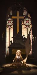 Rule 34 | 1girl, armor, ask (askzy), blonde hair, breasts, candle, chandelier, church, closed eyes, closed mouth, collar, cross, facing viewer, fate/apocrypha, fate/grand order, fate (series), flag, full body, gloves, headwear request, highres, holding, indoors, jeanne d&#039;arc (fate), jeanne d&#039;arc (ruler) (fate), jeanne d&#039;arc (third ascension) (fate), light, long hair, praying, shadow, sitting, sleeveless, smile, solo, statue, thighhighs, very long hair, window, zettai ryouiki