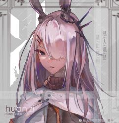 Rule 34 | 1girl, animal ears, arknights, artist name, black eyes, black scarf, chinese commentary, commentary request, frostnova (arknights), grey background, grey hair, hair ornament, hair over one eye, hairclip, huan zi bu cheng, jacket, long hair, looking at viewer, open mouth, portrait, rabbit ears, reunion logo (arknights), scarf, simple background, solo, white jacket