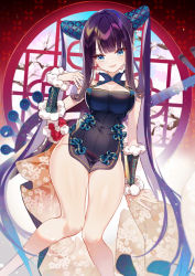 Rule 34 | 1girl, bare shoulders, black dress, blue eyes, blunt bangs, blush, breasts, cherry blossoms, china dress, chinese clothes, cleavage, detached sleeves, dress, fate/grand order, fate (series), floral print, hair ornament, kurisu takumi, large breasts, long hair, looking at viewer, parted lips, pipa (instrument), purple hair, sidelocks, smile, solo, thighs, twintails, very long hair, window, yang guifei (fate), yang guifei (second ascension) (fate)