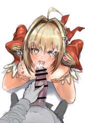 Rule 34 | 1boy, 1girl, ahoge, blonde hair, blush, braid, breast hold, breasts, breasts out, censored, cleavage, clothes pull, cum, cum in mouth, dress, dress pull, epaulettes, erection, facial, fate/extra, fate (series), fellatio, french braid, green eyes, hair bun, hair intakes, hair ribbon, heart, heart-shaped pupils, hetero, juliet sleeves, kneeling, large breasts, long hair, long sleeves, looking at viewer, looking up, nero claudius (fate), nero claudius (fate) (all), nero claudius (fate/extra), open mouth, oral, penis, pov, puffy sleeves, red dress, red ribbon, ribbon, single hair bun, smile, symbol-shaped pupils, tongue, tongue out, ysmmzr