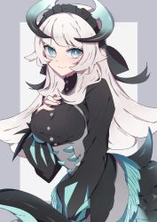 Rule 34 | 1girl, black border, black dress, black horns, border, bow, bright pupils, chamber dragonmaid, closed mouth, commentary, dragon tail, dragonmaid (yu-gi-oh!), dress, green eyes, green horns, hair bow, hand on own chest, highres, horns, long dress, long hair, looking at viewer, maid, maid headdress, nanashiba (banntlla), silver hair, smile, solo, standing, tail, underbust, white pupils, yu-gi-oh!