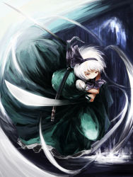 Rule 34 | 1girl, absurdres, action, ascot, commentary, dual wielding, frilled skirt, frills, gleam, green skirt, green vest, hairband, haymanc, highres, holding, holding sword, holding weapon, konpaku youmu, long skirt, looking at viewer, multiple swords, no mouth, no nose, red eyes, sheath, short sleeves, skirt, solo, sword, touhou, vest, weapon, white hair