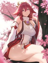 Rule 34 | 1girl, absurdres, animal ears, bare shoulders, blouse, blush, breasts, cherry blossoms, detached sleeves, earrings, fox ears, genshin impact, hair between eyes, highres, japanese clothes, jewelry, kurowa, large breasts, long hair, looking at viewer, pink hair, purple eyes, shirt, sideboob, sleeveless, sleeveless shirt, smile, solo, thighs, white shirt, wide sleeves, yae miko