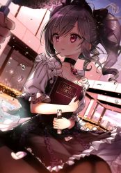 Rule 34 | 10s, 1girl, absurdres, black pantyhose, blurry, bow, candy, depth of field, dress, drill hair, english text, food, gothic lolita, grey hair, hair bow, highres, idolmaster, idolmaster cinderella girls, jewelry, kanzaki ranko, legs together, lolita fashion, notebook, outdoors, pantyhose, petals, red eyes, sitting, solo, solo focus, tsukigami runa, twin drills, twintails, water drop