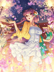 Rule 34 | 10s, 1girl, 2010, 2015, aqua ribbon, bag, braid, breasts, cardigan, collarbone, company name, dated, english text, flower, furyou michi ~gang road~, hair flower, hair ornament, hair ribbon, handbag, handheld game console, highres, holding, image sample, lamppost, lens flare, long hair, night, night sky, nintendo ds, open cardigan, open clothes, open mouth, osuk2, outdoors, purple hair, ribbon, shirt, side braid, skirt, sky, sleeveless, sleeveless shirt, solo, sparkle, standing, star (sky), starry sky, teddy bear hair ornament, thighhighs, torii, twin braids, very long hair, watermark, white shirt, white skirt, white thighhighs, wind