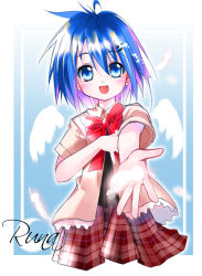 Rule 34 | 1girl, :d, angel wings, blue eyes, blue hair, bow, bowtie, looking at viewer, matching hair/eyes, open mouth, original, plaid, plaid skirt, pleated skirt, red bow, red bowtie, red skirt, school uniform, serafuku, shirt, sho (runatic moon), short hair, skirt, smile, solo, white shirt, wings