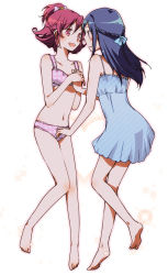 Rule 34 | 2girls, :d, :o, aida mana, back, barefoot, blue eyes, blue hair, blush, body blush, bow, bra, braid, chemise, couple, dokidoki! precure, eye contact, feet, flat chest, flipped hair, french braid, frills, hair between eyes, hair bow, hair ribbon, half updo, hand on another&#039;s chest, heart, highres, hishikawa rikka, holding hands, kneepits, lace, lace-trimmed bra, lace-trimmed panties, lace trim, legs, long hair, looking at another, multiple girls, navel, open mouth, panties, pink bra, pink eyes, pink hair, pink panties, ponytail, precure, print bra, print panties, profile, ribbon, sekihara umina, short hair, simple background, smile, soles, sparkle, standing, tiptoes, underwear, underwear only, white background, yuri